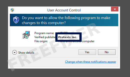 Screenshot where Protexis Inc. appears as the verified publisher in the UAC dialog